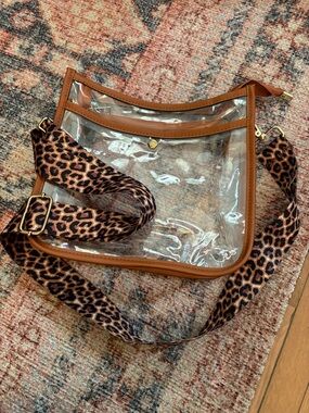Clear Crossbody Bag with Brown Trim and Leopard Strap